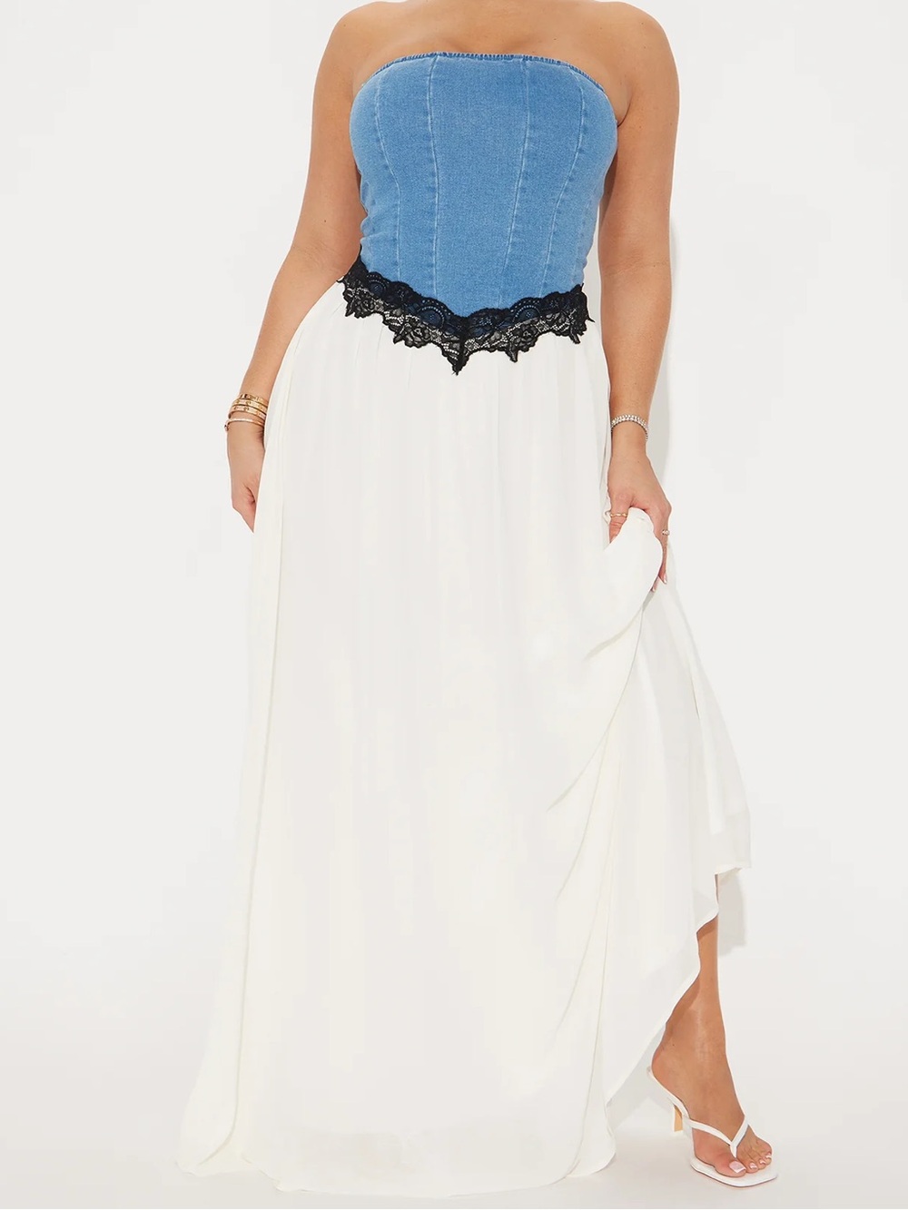 Fashion Nova Natalie Blue Denim Corset Maxi Dress strapless with Black Lace Trim